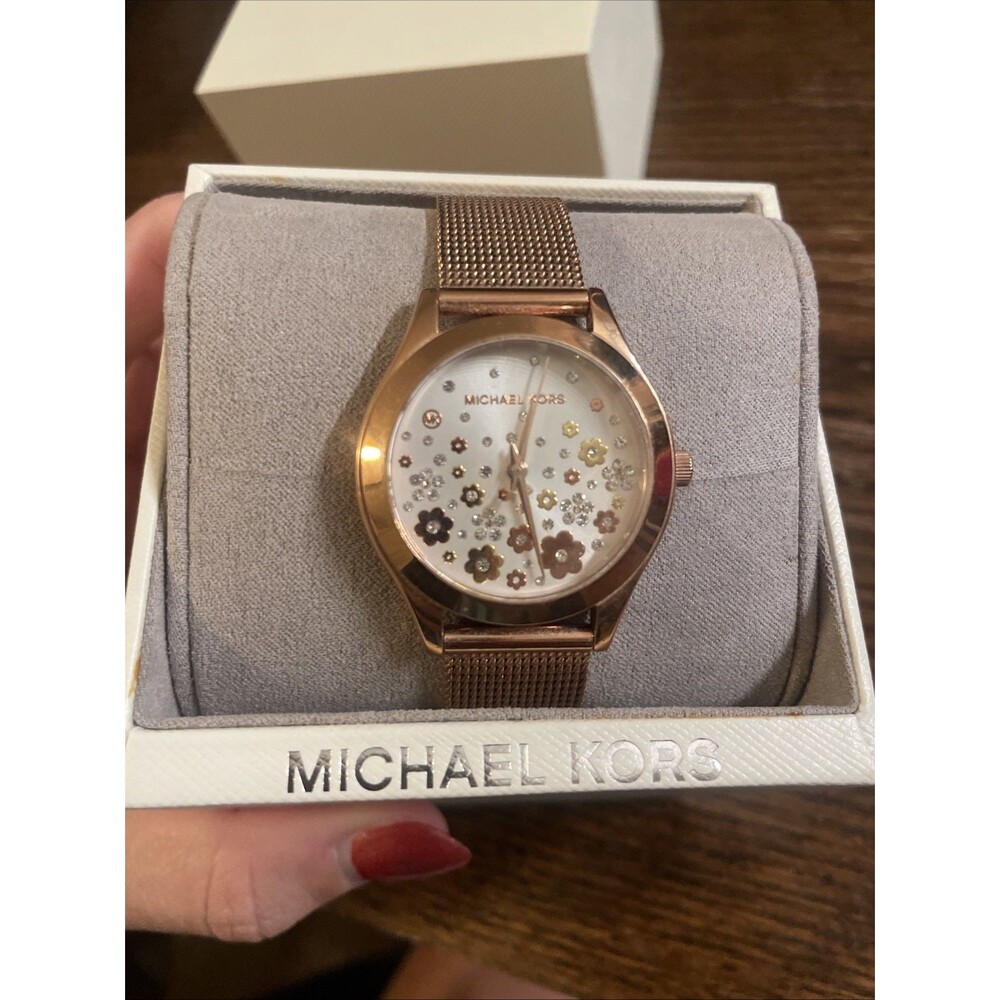 Michael Kors Rose Gold-Tone Stainless Steel Daisy Floral Watch MK4384 Mesh Band